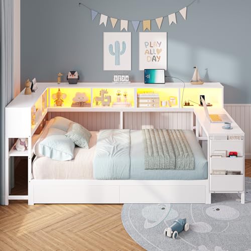 DICTAC Corner Twin Bed Frame with Desk,Charging Station and Bookcase Storage Metal Platform Bed Frame with Storage Drawers and Led Lights Twin Size Daybed with Desk and Shelves for Kids/Teen,White - color: White, size: Twin