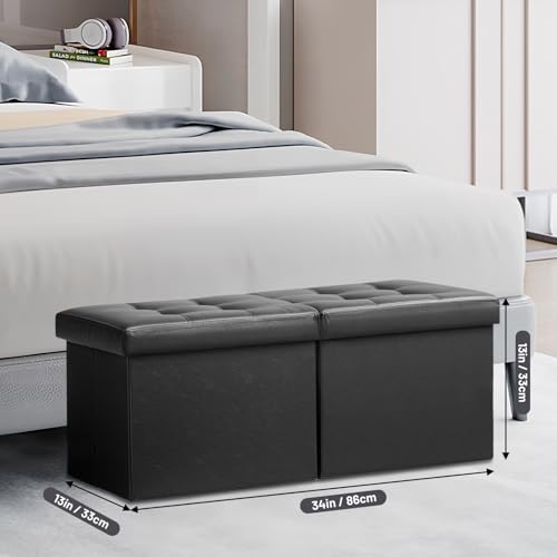 AmasSmile Footrest Ottoman Storage Bench,34" Leather Folding Chest,Black | Large Ottoman with Storage,Thicker Foam Padded Seat,Livingroom,Dorm,Bedroom,Entryway,Easy to install,34 x 13 x 13in - color: Black-leather