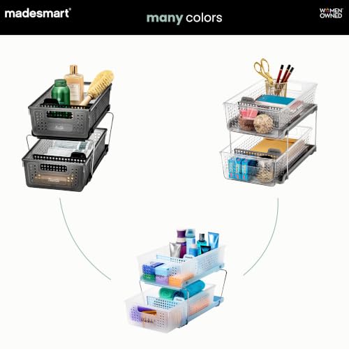 madesmart Two Tier Pull Out Organizer, Frost | adjustable dividers, tiered access, cleaning supplies, under sink use, pantry bottles, woman owned - color: Frost + Dividers, size: 1-Pack