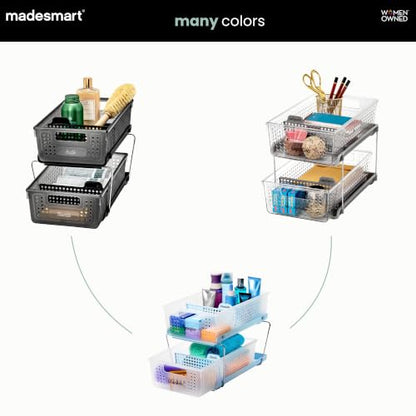 madesmart Two Tier Pull Out Organizer, Frost | adjustable dividers, tiered access, cleaning supplies, under sink use, pantry bottles, woman owned - color: Frost + Dividers, size: 1-Pack