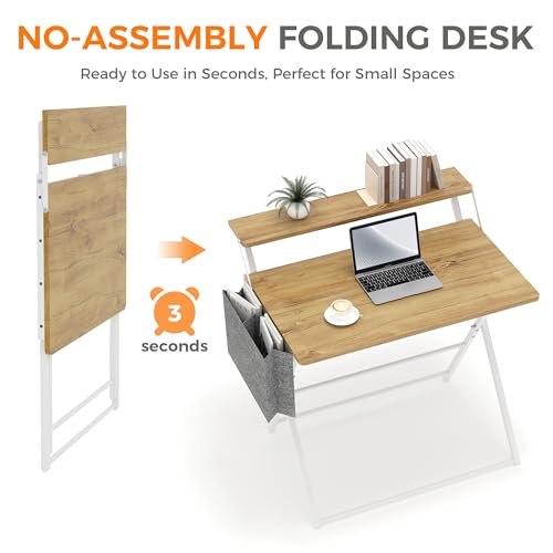 Small Desk No Assembly,31.5Inch 2-Tier Compact Computer Desk with Shelf & Side Pocket,Space Saving Foldable Table for Home Office, Bedroom or Apartment,Portable Collapsible Sturdy Laptop Desk,Oak - color: Oak