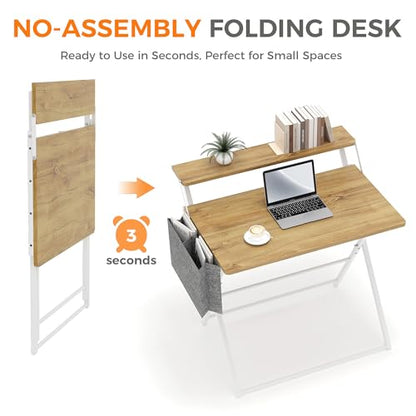 Small Desk No Assembly,31.5Inch 2-Tier Compact Computer Desk with Shelf & Side Pocket,Space Saving Foldable Table for Home Office, Bedroom or Apartment,Portable Collapsible Sturdy Laptop Desk,Oak - color: Oak