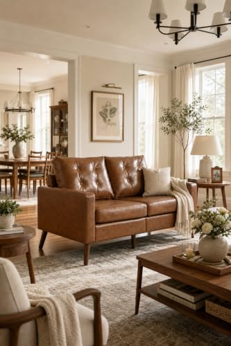 HNY Mid Century Modern 53" Loveseat Sofa, Comfy Upholstered Button Tufted Faux Leather 2 Seater Couch, Lounge Sleeper Love Seats for Small Spaces Living Room Apartment Bedroom, Brown