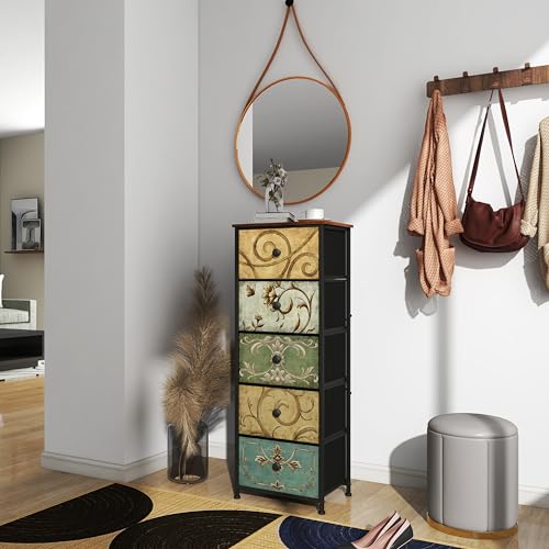 Small Dresser for Bedroom with Retro Flower Narrow Drawers Slim Chest of Drawers Skinny Nightstand Sofa End Table for Living Room Entryway Closet Storage (Multi, 5 Drawers) - size: 11.8"D x 16.5"W x 45.5"H (5 Drawers)