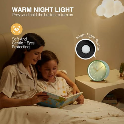 Back to School Silent Analog Quartz Alarm Clock for Kids Bedroom,Night Light, Battery Operated, Fashionable Round Metal - color: Green