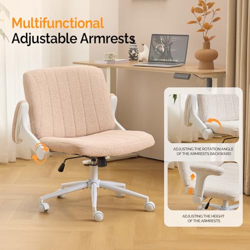 VINGLI Criss Cross Chair with Adjustable Flip-Up Arms,Cross Legged Chair with Wheels,Extra Wide Office Chair,Desk Chair for Home Office,Vanity,Bedroom, Apartment,Starry Chenille,Pink - color: Pink