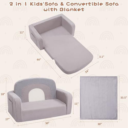 Foryoomi Extra Wide Kids Couch, 2-in-1 Soft Toddler Couch with Blanket, Comfy Toddler Chair, Convertible Sofa with Cute Rainbow Design, Grey - color: Grey Rainbow