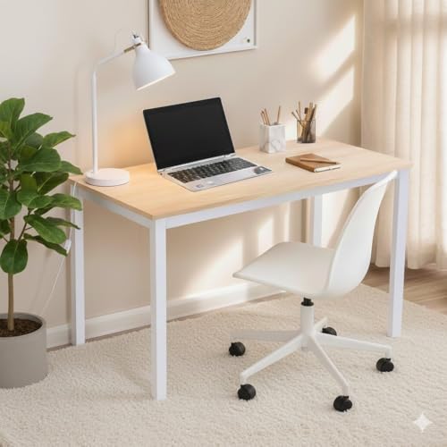 47 inch Large Computer Desk Wood, Modern Simple Style Desk for Home Office, Bedroom, Study Student Writing Desk, Small Spaces, White Metal Frame, Apple Wood Grain Top - color: Apple Wood, size: 47"