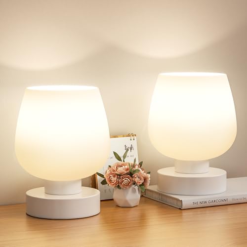 Seealle Touch Bedside Table Lamp Set of 2 - Small Bedside Lamp for Bedroom Living Room Night Stands, Desk Lamp with White Glass Shade for Small Spaces, 3 Way Dimmable, LED Bulbs, Gifts - color: White_2Pack, size: Non-USB