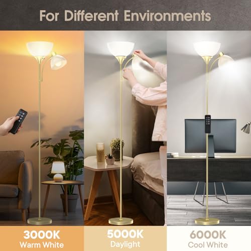 GERGO Led Floor Lamp, Super Bright 11W+7W 2100LM Torchiere Floor Lamps for Living Room, Stepless Adjustable 4 Color Temperatures 3000K-6000K with Remote Control for Bedroom(Golden) - color: Golden