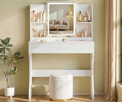 White Small Vanity Desk with Mirror and 3 Adjustable Light Modes | Dimmable Lighting, Multi Storage Area, Quick Assembly, CARB P2 Certified Material - color: White