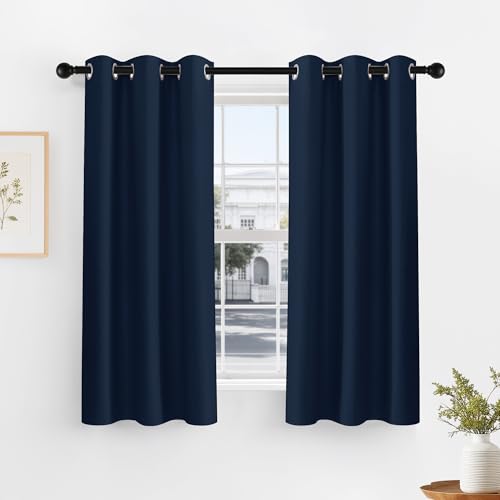 PONY DANCE Navy Blue Short Blackout Curtains for Kitchen 45 Inch Length | Thermal Insulated Grommet Curtains for Bedroom, Black Out Drapes for Bathroom Small Window (2 Panels Set, 34 inches Wide) - color: Navy Blue, size: 34"W x 45"L (Pack of 2)