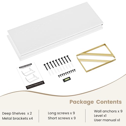 Dreamland Wall Mounted Floating Shelves Set of 2, 36x12, White&Gold | Engineered Wood, Visible Bracket, Large Storage, Hold Up to 60lbs, Living Room, Bathroom, Bedroom, Kitchen - color: White&gold, size: 36"W x 12"D