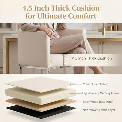 HNY Modern Counter Height Linen Cream Fabric Upholstered Counter Stools Set of 2, 24 Inch Kitchen Island Stool with Chrome Finish Metal Frame - color: 24inch Cream,chrome Base