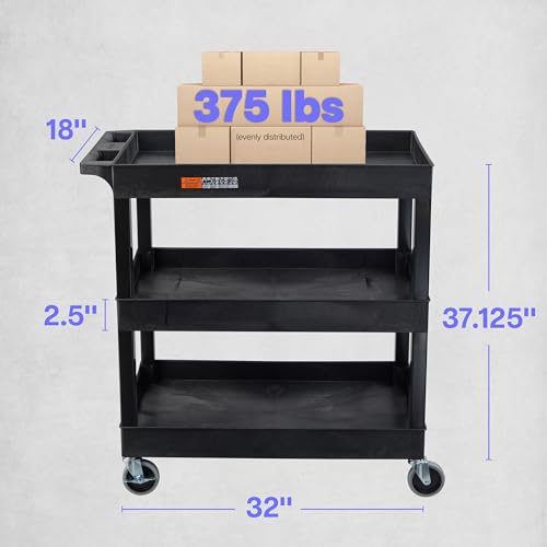 Tubstr 3-Tier Rolling Utility Cart with Wheels | Supports 300 lbs. Total | Heavy-Duty Capacity for Garage Storage, Office Spaces, & Kitchen Use | Durable Tool Cart with Locking Wheels (Black, 32 x 18) - color: Black