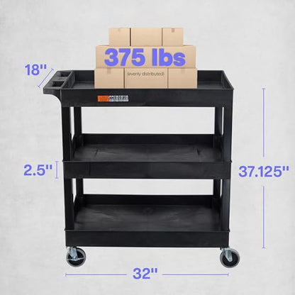 Tubstr 3-Tier Rolling Utility Cart with Wheels | Supports 300 lbs. Total | Heavy-Duty Capacity for Garage Storage, Office Spaces, & Kitchen Use | Durable Tool Cart with Locking Wheels (Black, 32 x 18) - color: Black