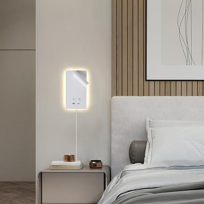 MOLUOLA LED Wall Lamp Wall Mounted Reading Lights, Adjustable Headboard Plug in Wall Sconce with USB C+A Ports, Headboard Bedside Lamp with 9W+3W Night Light 3000K (White) - color: White, size: 1 Pack