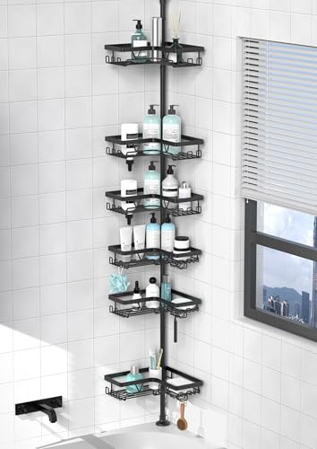 KEGII Corner Shower Caddy Tension Pole, 6-Tier Bathroom Organizer, Black | Floor to Ceiling Design with Rustproof Waterproof Finish, Adjustable 25-114.2 inch Pole for Shampoo, Towels and Essentials