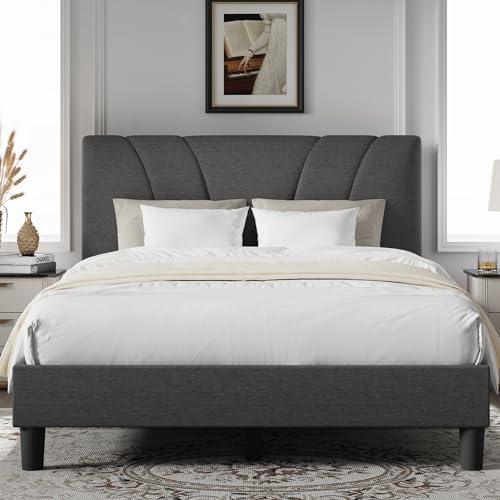 Novilla Full Bed Frame Upholstered Platform Full Size Bed Frame with Adjustable Headboard, Strong Weight Capacity, No Box Spring Needed, Easy Assembly, Grey - color: Grey, size: Full