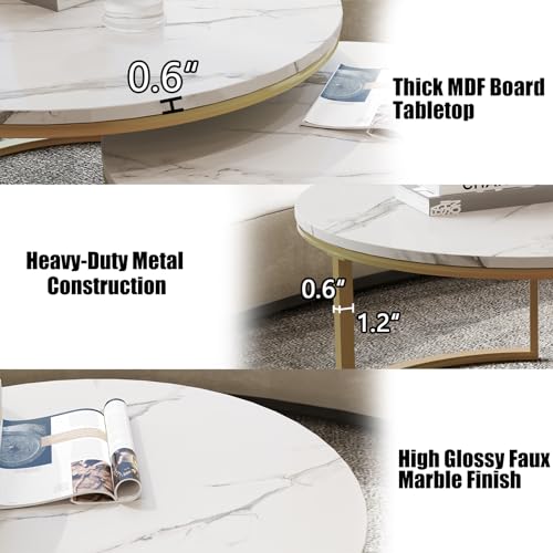 WiberWi Round Coffee Table Nesting Tables Set of 2, Large : Ø 34.0", Small : Ø 26.0", Modern Design Coffee Tables for Living Room, Gold Metal Frame Circle Cocktail Table, High Glossy Faux White Marble - color: White Faux Marble