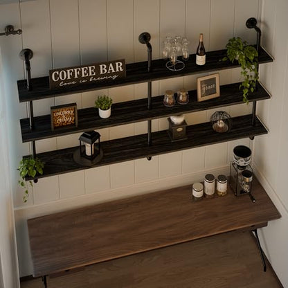 HDDFER Floating Shelves 70 inch Wall Bookshelf Industrial Pipe Shelving Shelves Real Wood Planks Rustic Wall Shelves Hanging Bookshelves Farmhouse Kitchen Bar Shelving - color: Black, size: 3Tier70in