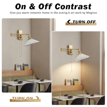Swing Arm Wall Sconce 2-Pack, Brushed Gold Frosted Glass, 17.7" | Pull chain, frosted glass shade, bedside vanity bathroom, mid century wall light - color: A-2Pack