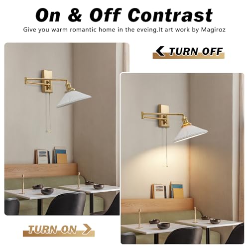 Milk Glass Wall Sconce, Brushed Gold Swing Arm Lamp with Pull Chain | with milk glass shade; 180° adjustable arm for bedroom reading and vanity lighting; E26 - color: A-1Pack