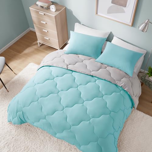 Comfort Spaces Vixie Reversible Comforter Set - Trendy Casual Geometric Quilted Cover, All Season Down Alternative Cozy Bedding, Matching Sham, Aqua/Gray, Full/Queen 3 piece | Down Alternative, All Season, Bedding for Bedroom, Geometric Pattern, Reversibl