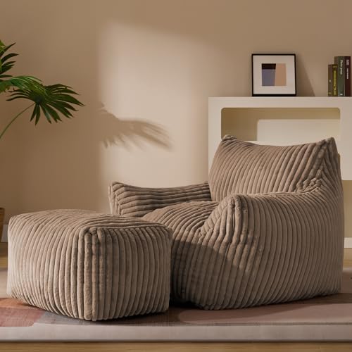 Gericco Oversized Bean Bag Chaise Lounge Chair Indoor for Adults with Armrests & Ottoman - Giant Comfy Khaki Beanbag Floor Sofa Cloud Accent Chair for Reading, Gaming, Cozy Plush Cloud Mini Couch - color: Khaki, size: XL Sofa Chair + Footstool