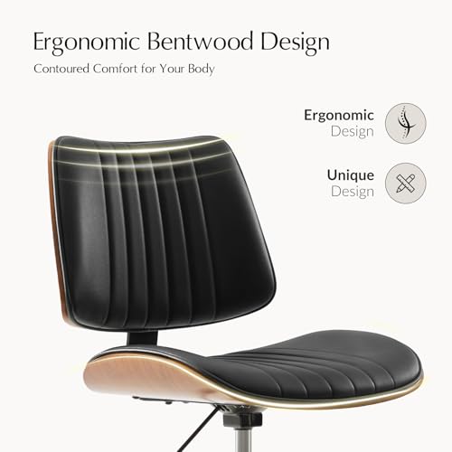 HULALA HOME Faux Leather Home Office Desk Chair No Wheels, Black | Mid-Century Modern Desk Chair with Wood Legs, 360° Swivel Computer Task Chair with Channel-Tufted Backrest, Height Adjustable - color: Black