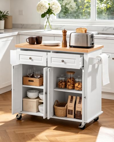 VEVOR Kitchen Island Cart with Storage, 43.7 in Wide Mobile Rolling Storage Island on Swivel Wheels, with 2 Drawers, Storage Cabinet, Spice/Towel Rack, Hooks, Table for Home Dining Room, White | Home Dining Use, Spice Towel Rack With Hooks, Cabinet Shelve