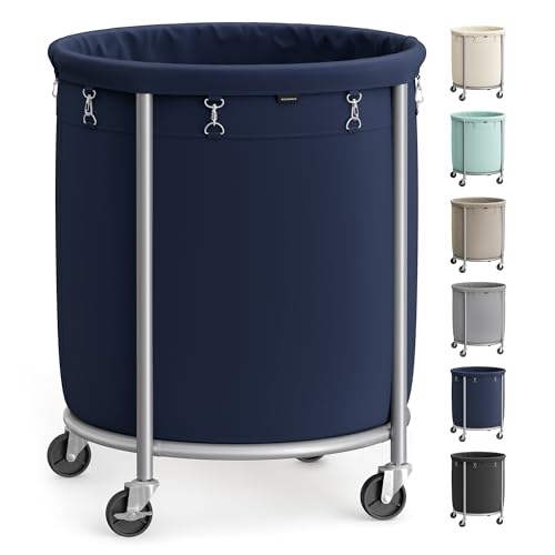SONGMICS Laundry Basket, Rolling Steel Frame with 2 Locking Wheels, 190 L | Heavy-Duty Laundry Hamper Cart with Removable Bag, Charcoal Blue and Metallic Silver, URLS001Q01 - color: Charcoal Blue + Metallic Silver, size: 190 L (1-Section)