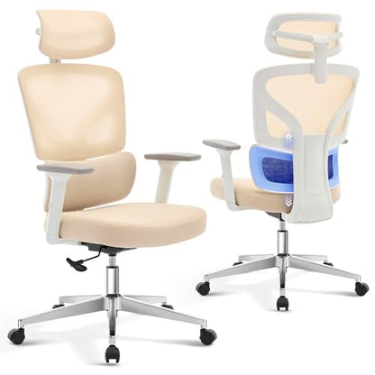 Ergonomic Office Chair Mesh – Adjustable Lumbar 3D Armrests High-Back Desk | Breathable Mesh Backrest; Seat Height & Tilt-Angle Adjustment; Smooth-Rolling Casters; Easy To Assembly, For Home, Office - color: Beige-d1