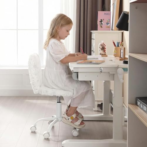 chairus Kids Desk Chair Faux Fur Study Chair for Teenage Girls, Adjustable Heart Shaped Kids Vanity Chair for Bedroom Reading Living Room, Small Cute Student Task Chair with White Foot, Snowflake - color: Snowflake
