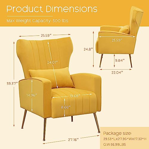 Modern Accent Chairs Set of 2, Comfy Wingback Armchair with Pillow Upholstered Sofa Chair Reading Chair for Bedroom, Living Room, Small Spaces Yellow Velvet - color: Y-ellow, size: Set of 2