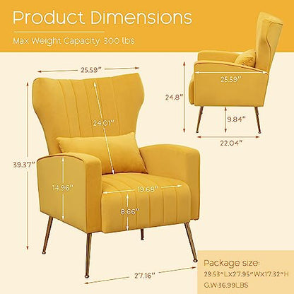Modern Accent Chairs Set of 2, Comfy Wingback Armchair with Pillow Upholstered Sofa Chair Reading Chair for Bedroom, Living Room, Small Spaces Yellow Velvet - color: Y-ellow, size: Set of 2