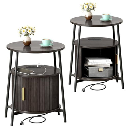 DHH Round End Tables Set of 2 & Charging Station, Fluted Accent Side Table with Sliding Door, Mid-Century Modem Nightstand Set for Small Space Storage, Living Room, Bedroom,Sofa Couch(Dark Walnut) - color: Dark Walnut