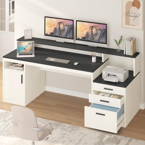 65" Computer Desk with 3 Drawers & Printer Shelf for Home Office | Office Desk with Printer Shelf & File Drawer, Executive Desk Writing Study Table with Monitor Stand, Black & White - color: Black & White