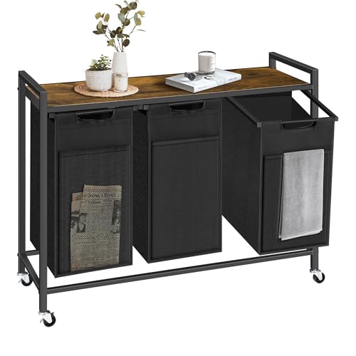 Laundry Hamper with Shelf, Laundry Basket with 3 Pull-Out Removable Bags, 3x 10.6 Gallons(120L), Metal Frame, Lockable Wheels, for Laundry Room and Bedroom - color: Black and Rust (3 Bags 120L)
