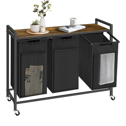 Laundry Hamper with Shelf, Laundry Basket with 3 Pull-Out Removable Bags, 3x 10.6 Gallons(120L), Metal Frame, Lockable Wheels, for Laundry Room and Bedroom - color: Black and Rust (3 Bags 120L)