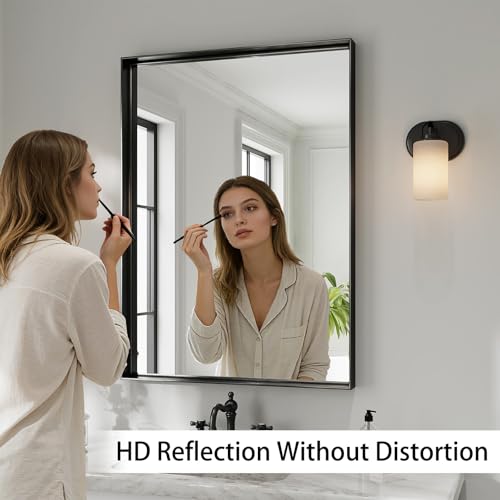 36x24 Black Bathroom Mirrors for Over Sink, Wall Mounted Bathroom Vanity Mirror, HD Distortion-Free Tempered Glass, Anti-Rust Brushed Matte Aluminum Alloy Frame, Horizontal or Vertical Hanging - size: 36"L x 24"W