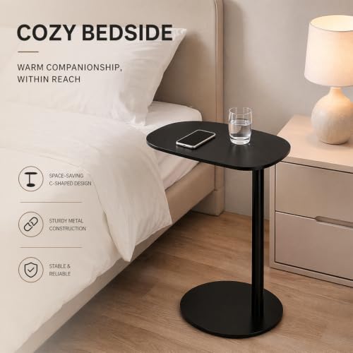 C Shaped End Table for Couch - Modern Metal Sofa Side Table with Round Base | Space-Saving Accent Table for Living Room, Bedroom & Small Spaces, Black, 24.8" H - size: 24.8"H