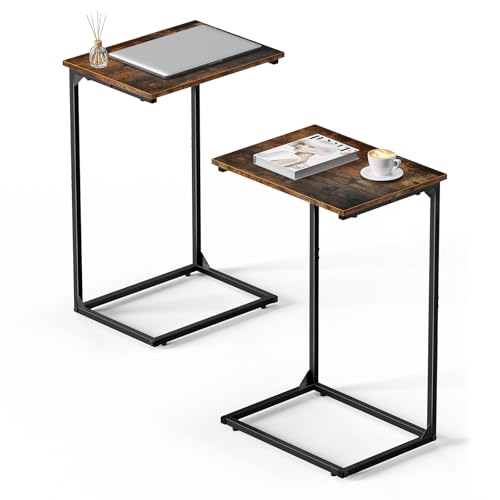 Couch Side Table, 24.4" H C Shaped End Table Set of 2 | Sturdy TV Trays That Slide Under Sofa, Space-Saving Laptop Desk for Living Room Bedroom & Small Spaces, Rustic Brown