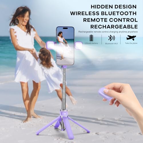 MQOUNY Mini iPhone Tripod Stand & Selfie Stick with Wireless Remote & Removable Light, Extendable Stand 360 Rotation Compatible with iPhone & Android Samsung (Purple) - color: Purple