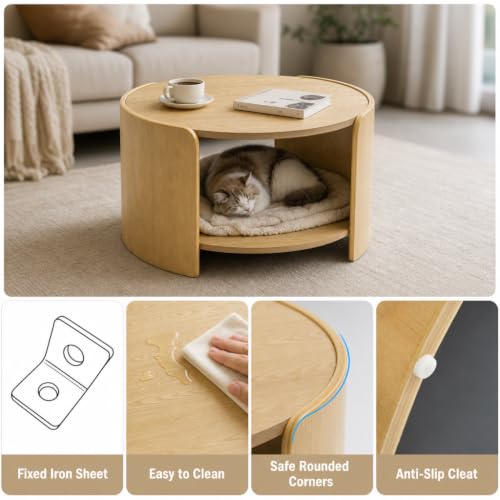 Oak Round Coffee Table, 2-Tier 31.5" Open Storage Modern Center Table | Wooden Circle Coffee Table with Shelf & Curved Legs for Living Room, Home Office, Reception Room, Apartment, Natural - color: Natural