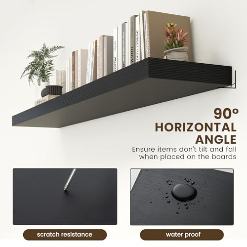 72 Inch Floating Shelf, 12'' Deep Black Shelves for Wall Set of 1 | Invisible Brackets, Engineered Wood, Mounting Hardware Included, 60LBS, Bathroom, Laundry Room, Kitchen, Living Room - color: Black, size: 72W x 11.6D x 2H, 1 Pack