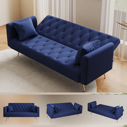 Anwick 72''Modern Velvet Sofa Bed Futon,Convertible Folding Sleeper Couches with 3 Adjustable Backrests,Tufted Recliner Loveseat with Golden Chrome Legs for Living Room Apartment Office (Blue) - color: Blue