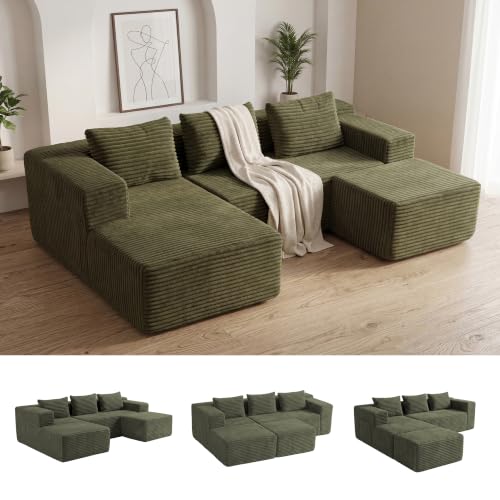 Modular Boneless U-Shaped Couches for Living Room with Side Pockets | Modern Sectional Boneless Corduroy Fluffy Couch Sofa with Deep Seat and Non-Slip Base, No Assembly, Green - color: Green, size: U-Shaped