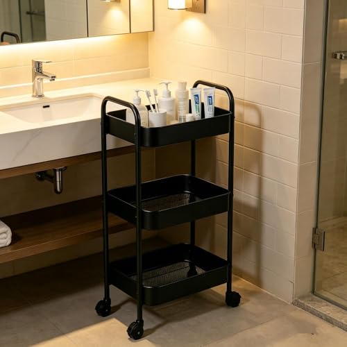 Multifunctional Rolling Utility Cart, 3-Tier Wheeled Storage Organizer with Brakes, Portable Shelving Unit for Home & Office Black