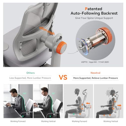 Ergonomic High-Back Office Chair, Home Office Desk Chair with Auto-Following Lumbar Support, Adjustable Headrest, 3D Armrest, Seat Depth & Heigh Adjustable, 96°-126° Recline - color: Grey